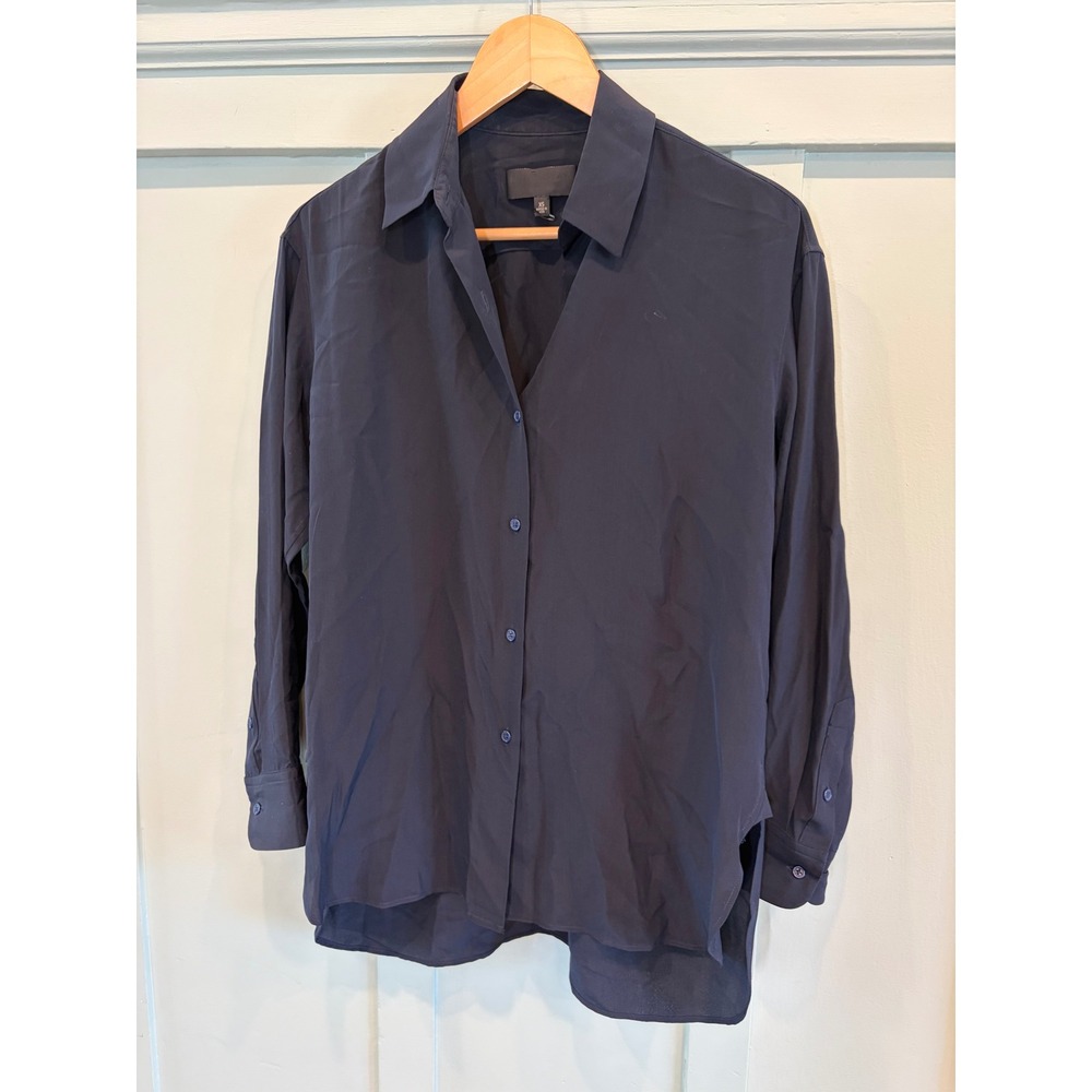 Nili Lotan Navy Blue 100% Silk Button Down Shirt Womens XS Made in USA
